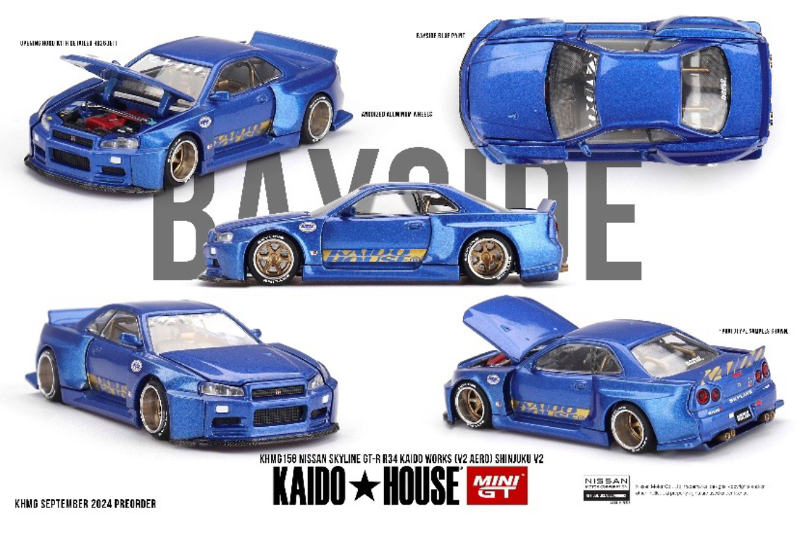 MINI GT KHMG158 1/64 Nissan スカイライン GT-R R34 Kaido Works (V2 エアロ) SHINJUKU V2(右ハンドル)