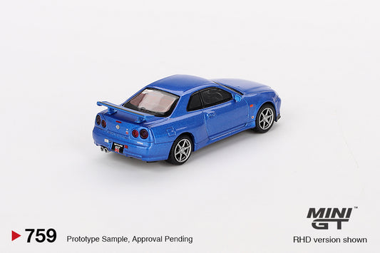 MINI GT MGT00759-R 1/64 Nissan スカイライン GT-R R34 Vスペック ベイサイドブルー(右ハンドル)