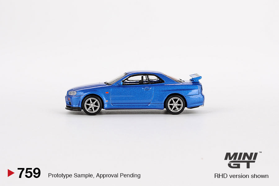 MINI GT MGT00759-R 1/64 Nissan スカイライン GT-R R34 Vスペック ベイサイドブルー(右ハンドル)