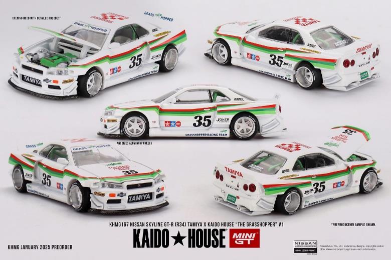 MINI GT KHMG167 1/64 Nissan スカイライン GT-R R34 TAMIYA x KAIDO HOUSE "グラスホッパー" V1(右ハンドル)