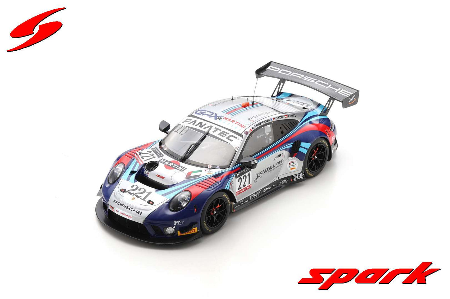 【2023年9月発売予定】Spark 18SB057 1/18 Porsche 911 GT3 R No.221 GPX Martini Racing 24H Spa 2022