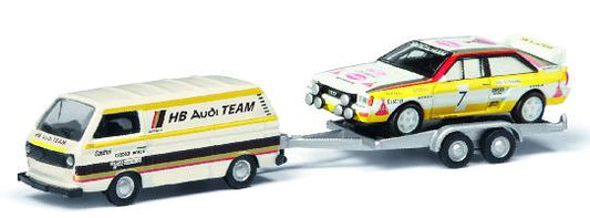 【2024年3月発売予定】 Schuco 452678100 1/87 VW T3 "HB Audi Team" w. trailer and Audi Quattro Rally without #