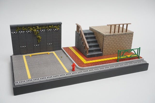収蔵家 SCJ88002 1/64 都市風景ジオラマ 階段と駐車場のある街角