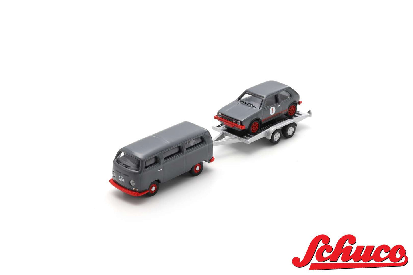 Schuco 87U00067 1/87 VW T2 Bus with trailer and VW Golf I GTI