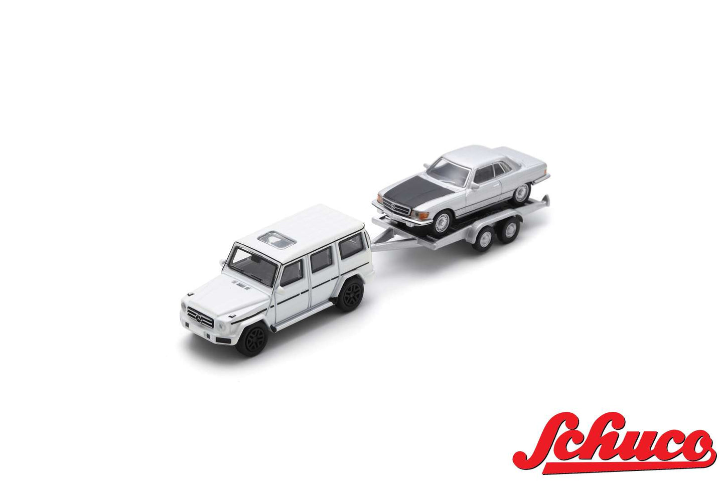Schuco 87U00068 1/87 Mercedes-Benz G-Class w. trailer and Mercedes-Benz 450 SLC
