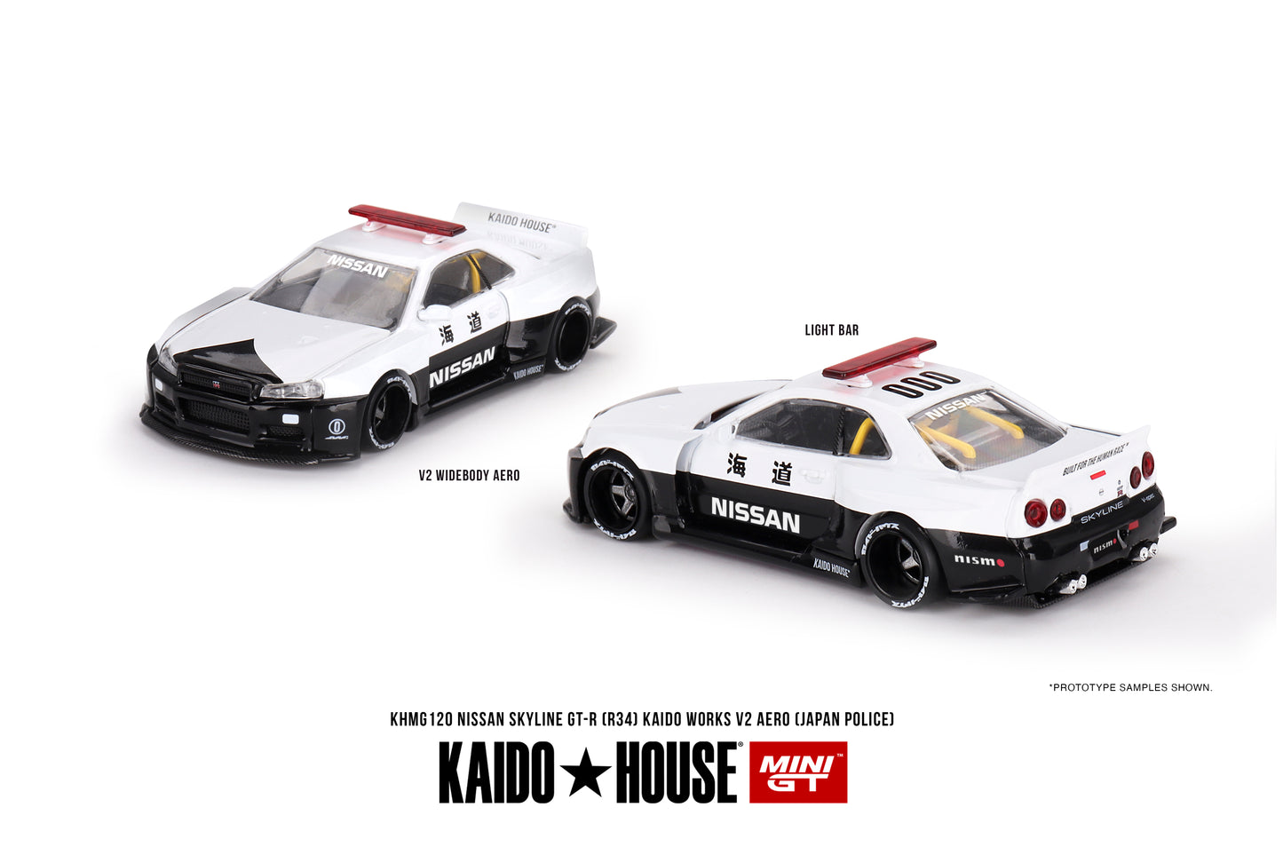 【2024年7月以降発売予定】 MINI GT KHMG120 1/64 Nissan スカイライン GT-R R34 Kaido Works (V2 Aero) パトカー(右ハンドル)