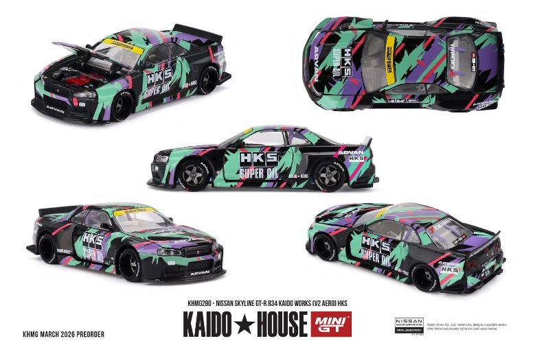 【2026年8月以降発売予定】 MINI GT KHMG280 1/64 Nissan スカイライン GT-R R34 Kaido Works (V2 エアロ) HKS (右ハンドル)
