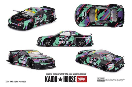 【2026年8月以降発売予定】 MINI GT KHMG280 1/64 Nissan スカイライン GT-R R34 Kaido Works (V2 エアロ) HKS (右ハンドル)