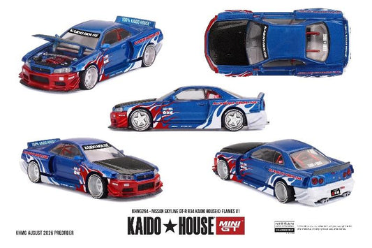 【2027年1月以降発売予定】 MINI GT KHMG294 1/64 Nissan スカイライン GT-R R34 Kaido House Flames V1 (左ハンドル)