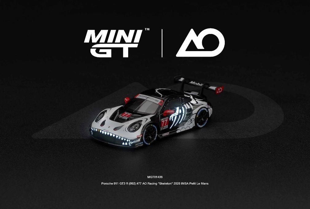 【2027年4月以降発売予定】 MINI GT MGT01436-L 1/64 Porsche 911 GT3 R (992) IMSA Petit Le Mans 2026 #77 AO Racing "Skeleton Rexy" LHD